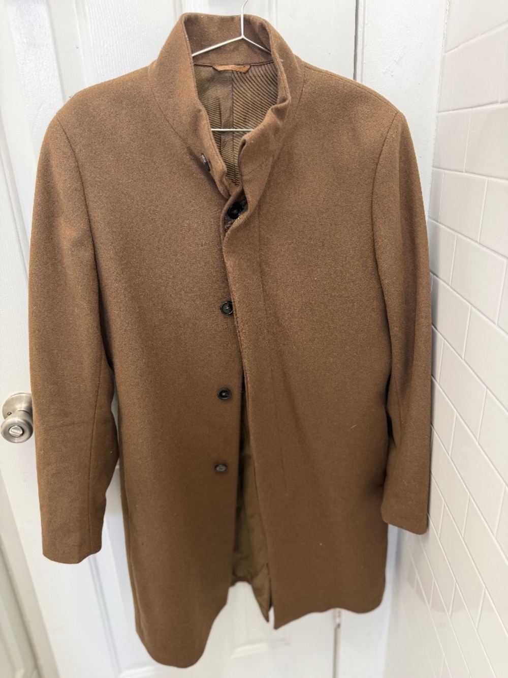 Mango Men's Camel Brown Wool-Blend Stand Collar Pea Coat